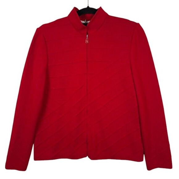 St. John Santana Knit Textured Wool Blend Sweater Zip Mandarin Collar Size 6 - Picture 2 of 13